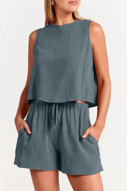 Conjunto informal sencillo de dos piezas, liso, con frenillo y cuello redondo, sin mangas