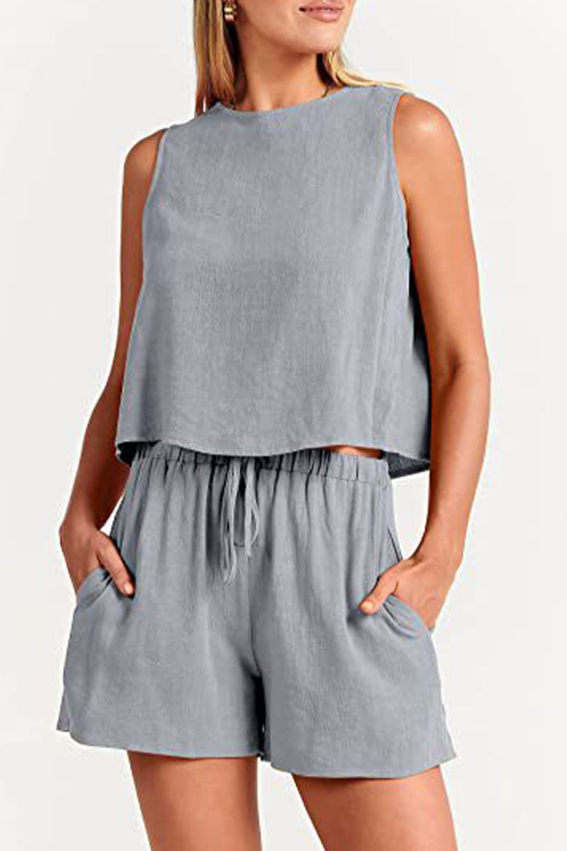 Conjunto informal sencillo de dos piezas, liso, con frenillo y cuello redondo, sin mangas