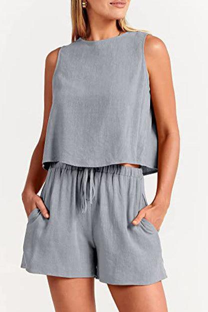 Conjunto informal sencillo de dos piezas, liso, con frenillo y cuello redondo, sin mangas