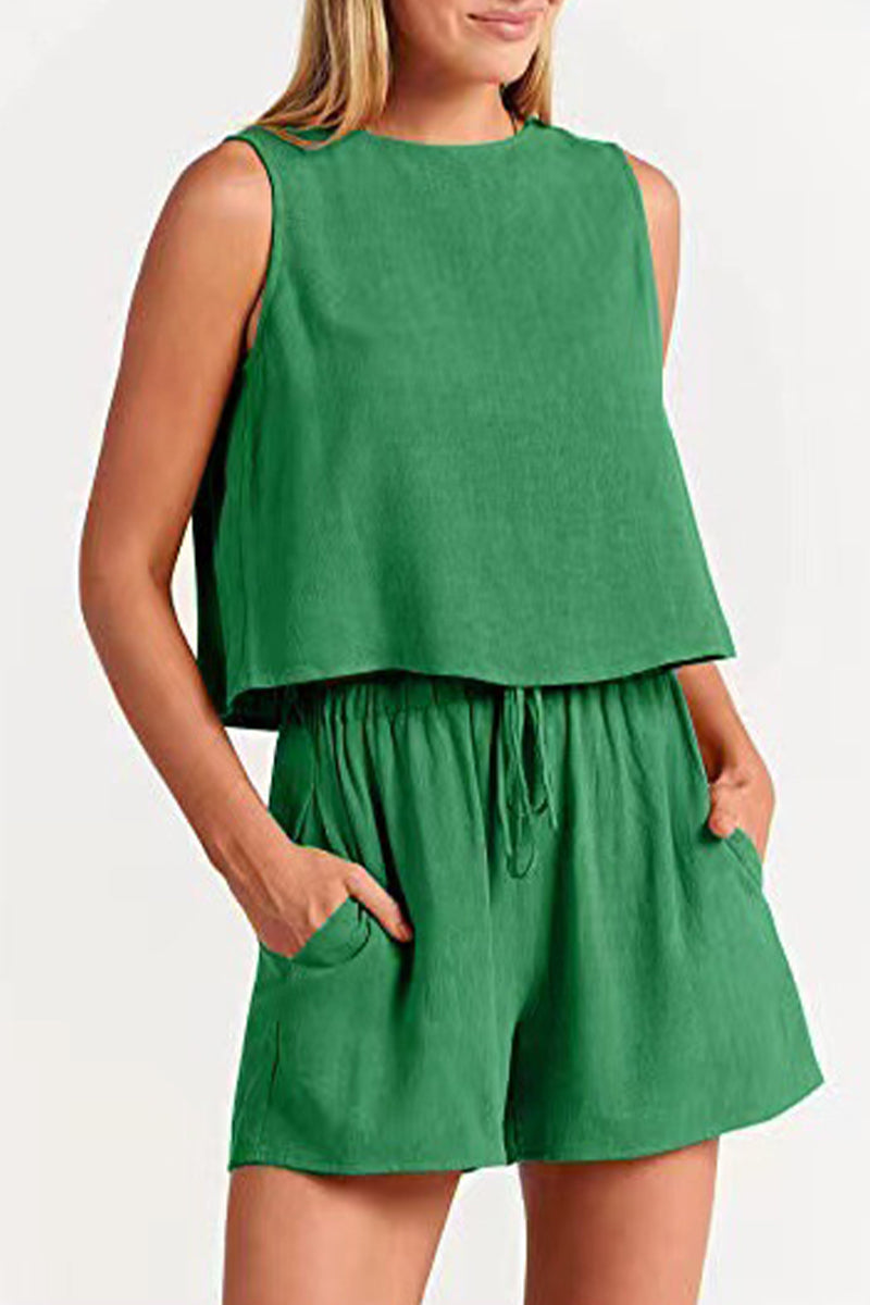 Conjunto informal sencillo de dos piezas, liso, con frenillo y cuello redondo, sin mangas