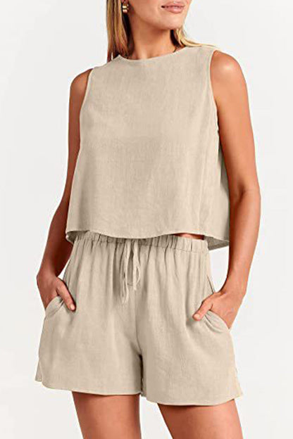 Conjunto informal sencillo de dos piezas, liso, con frenillo y cuello redondo, sin mangas