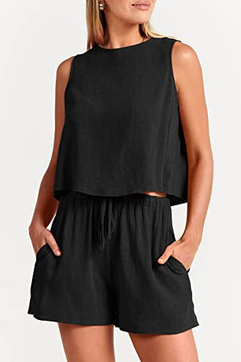 Conjunto informal sencillo de dos piezas, liso, con frenillo y cuello redondo, sin mangas