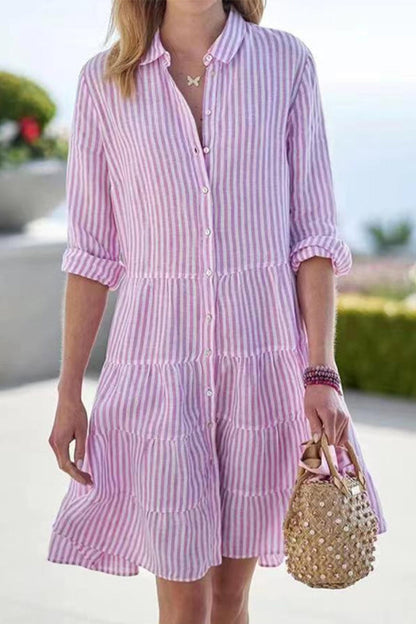 Vestido camisero elegante con cuello vuelto y cordón geométrico (6 colores)