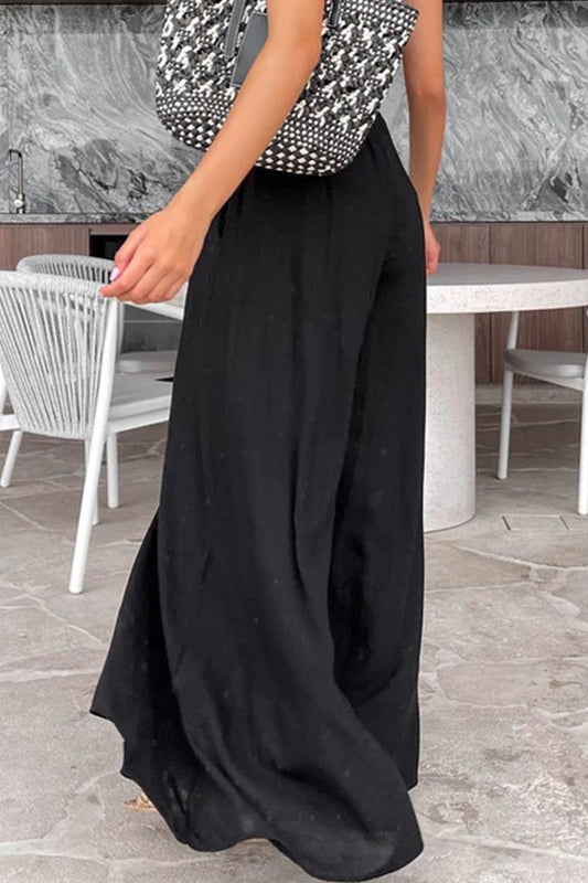 Pantalones casuales de vacaciones de color liso con orillo fibroso, sueltos, de cintura media, con pierna ancha y color liso