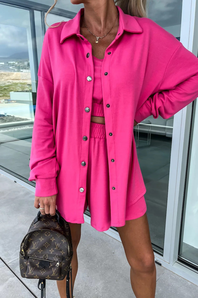 Conjunto informal de dos piezas con cuello vuelto, manga larga y bolsillos lisos para vacaciones