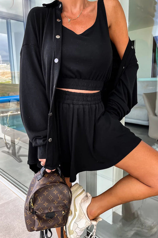 Conjunto informal de dos piezas con cuello vuelto, manga larga y bolsillos lisos para vacaciones