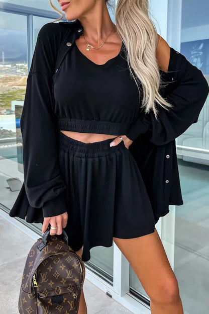 Conjunto informal de dos piezas con cuello vuelto, manga larga y bolsillos lisos para vacaciones