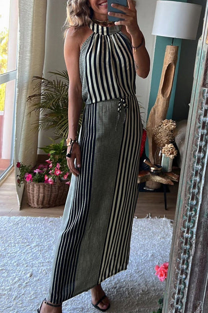 Vestido informal de calle con rayas y cuello redondo, estilo patchwork