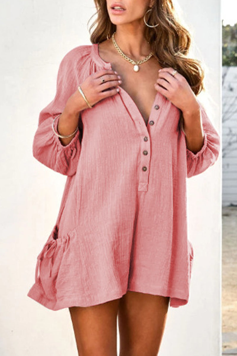 Mono holgado informal con escote en V y bolsillos lisos y sencillos