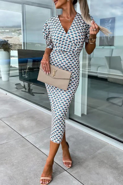 Vestidos elegantes con estampado de patchwork y escote en V, falda de un solo paso (3 colores)