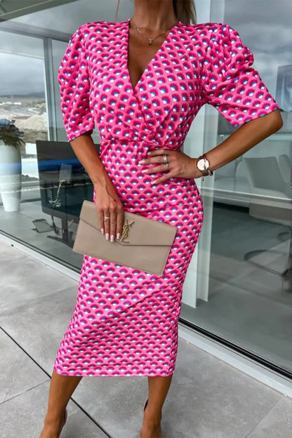 Vestidos elegantes con estampado de patchwork y escote en V, falda de un solo paso (3 colores)