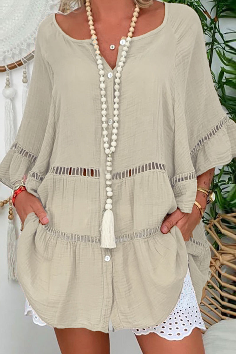 Vestidos casuales de manga larga con cuello en V y parches lisos (4 colores)