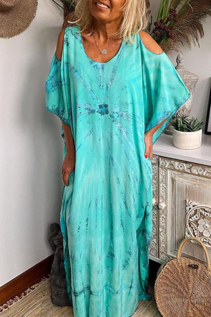 Vestido casual de manga corta con cuello redondo y patchwork teñido anudado