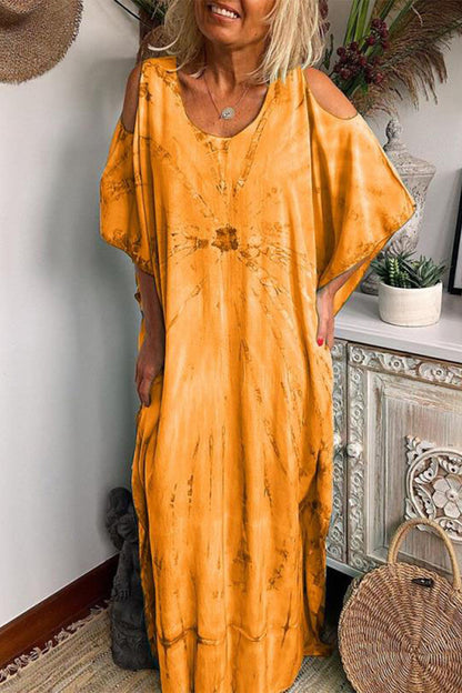 Vestido casual de manga corta con cuello redondo y patchwork teñido anudado