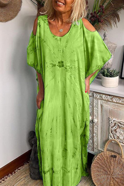 Vestido casual de manga corta con cuello redondo y patchwork teñido anudado