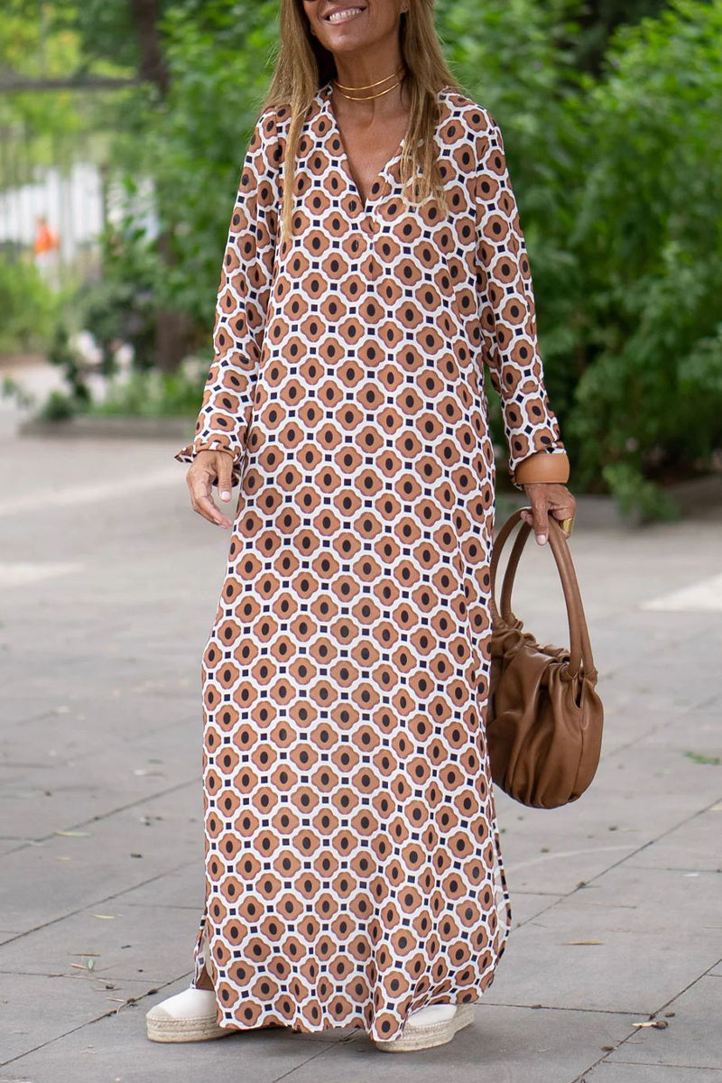 Vestido casual con cuello en V y estampado geométrico de patchwork