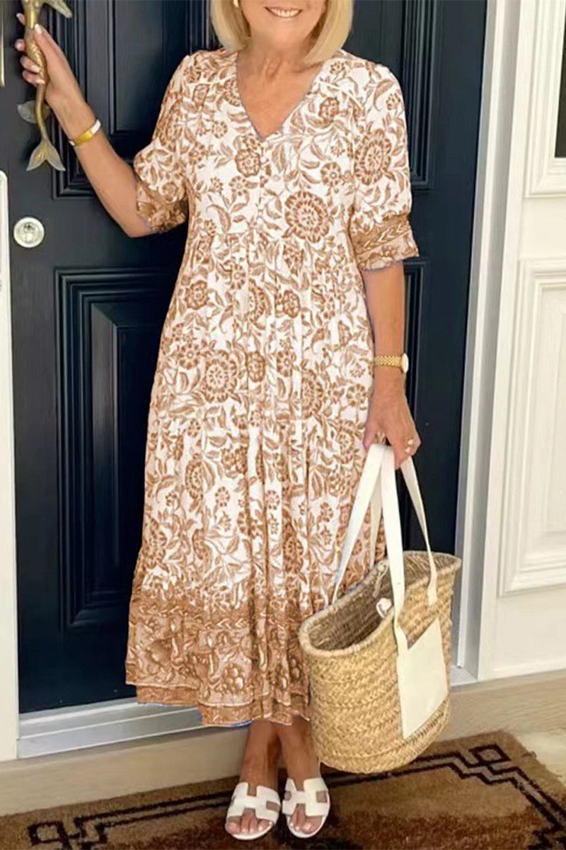 Elegante vestido de vacaciones con cuello en V, estampado tie-dye y patchwork.