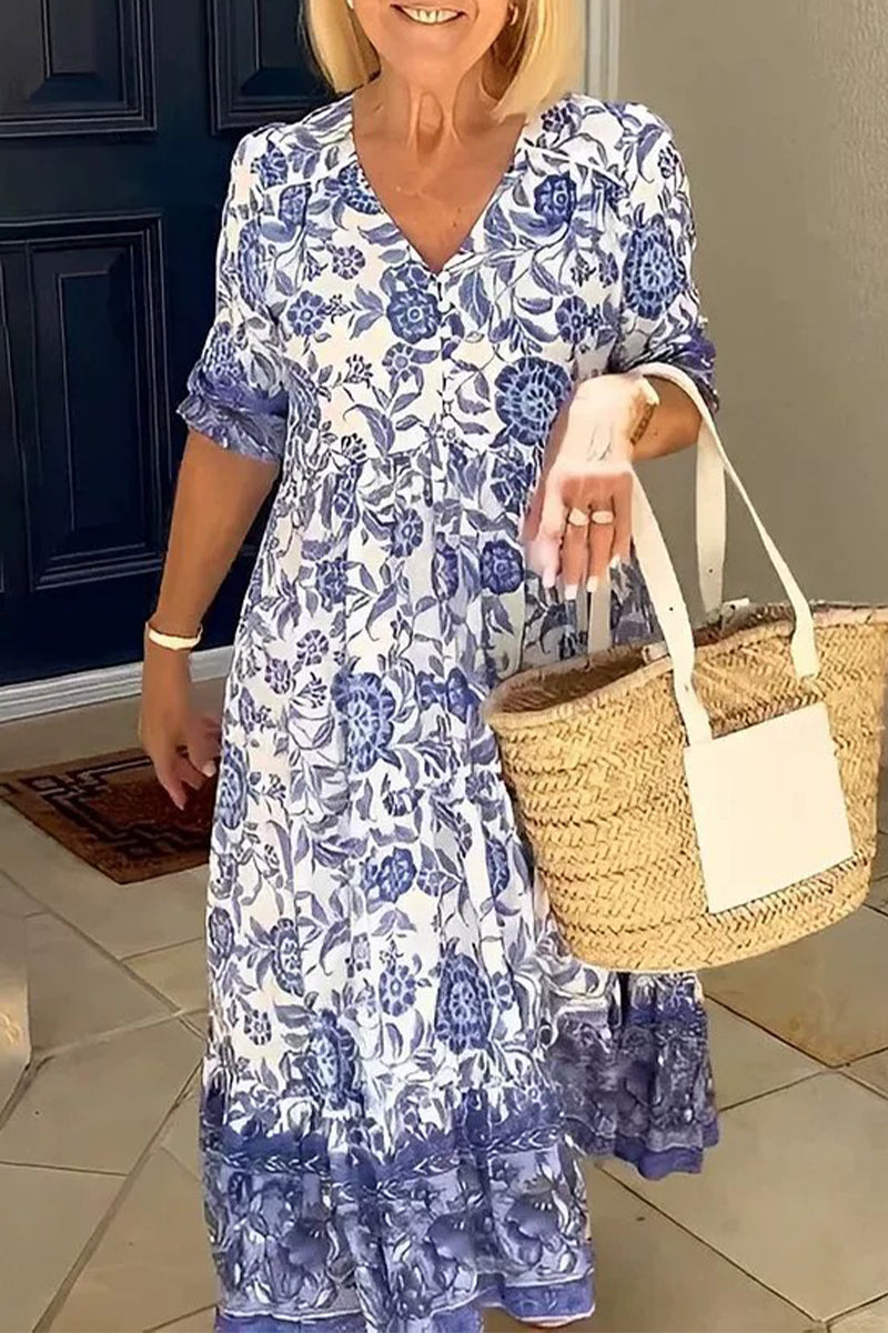 Elegante vestido de vacaciones con cuello en V, estampado tie-dye y patchwork.