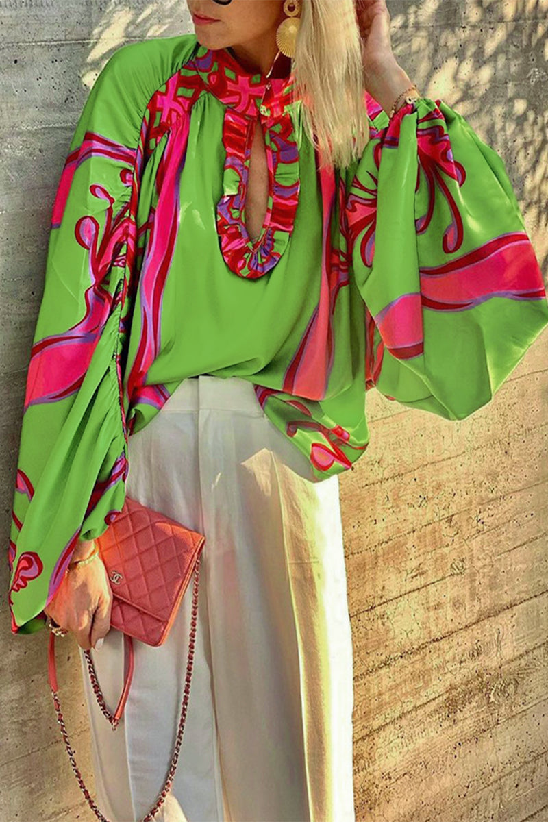 Blusas bohemias elegantes con estampado geométrico y cuello redondo con botones