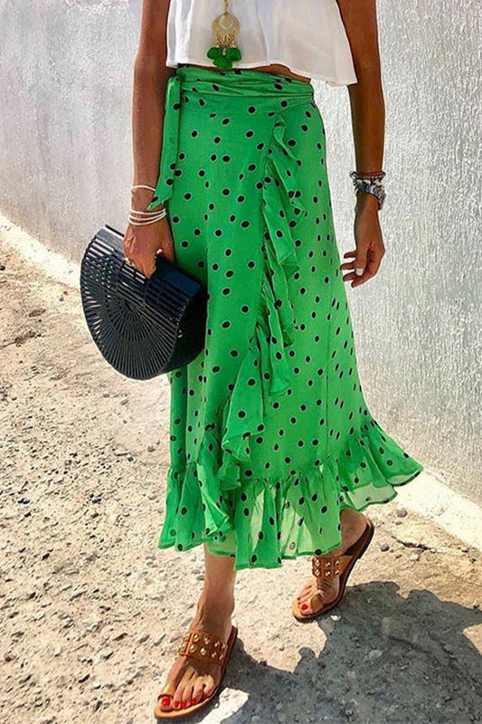 Elegante pantalón tipo A de cintura alta con volantes y estampado de vacaciones