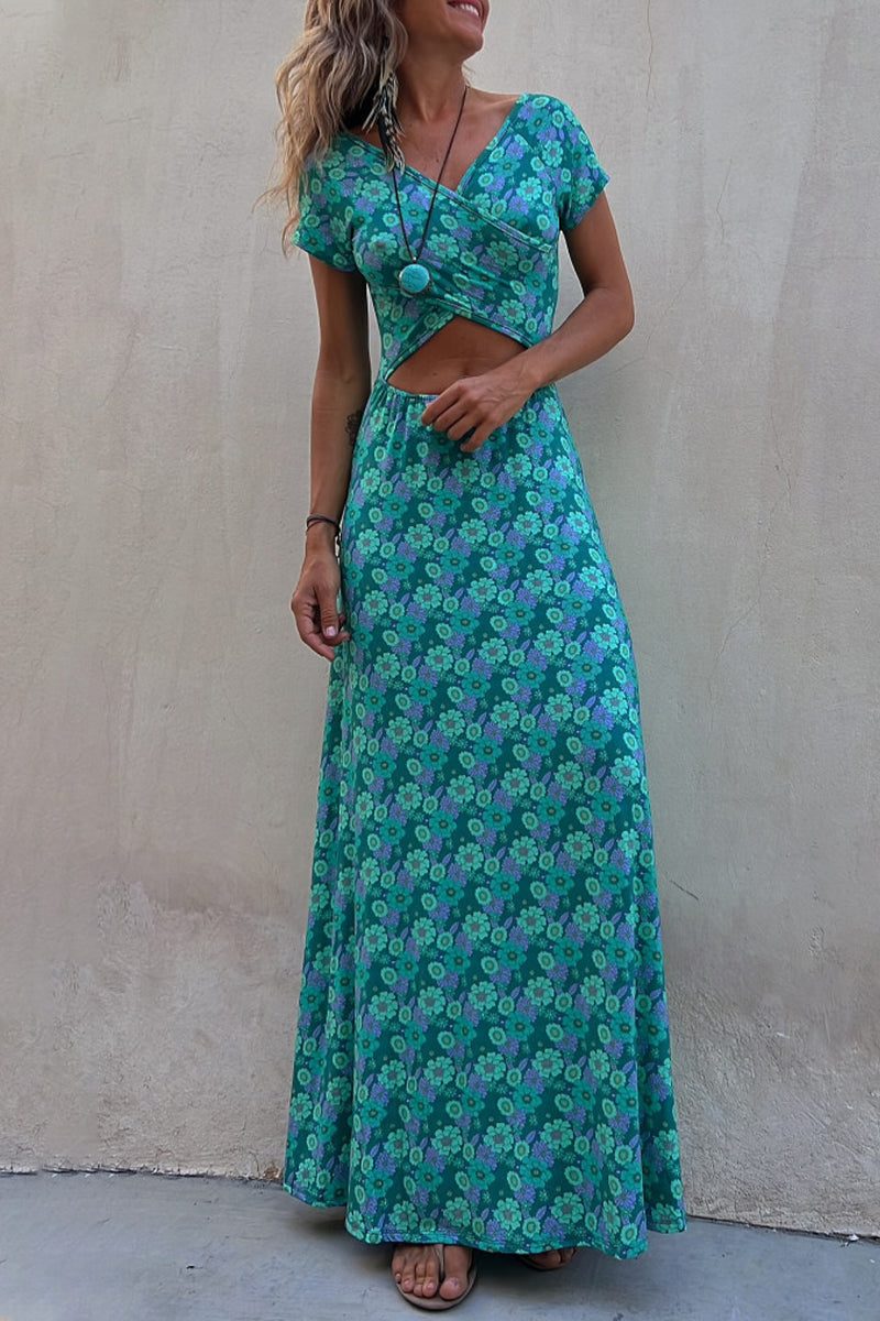 Vestido informal elegante con estampado de patchwork, cuello en V, corte A y manga corta