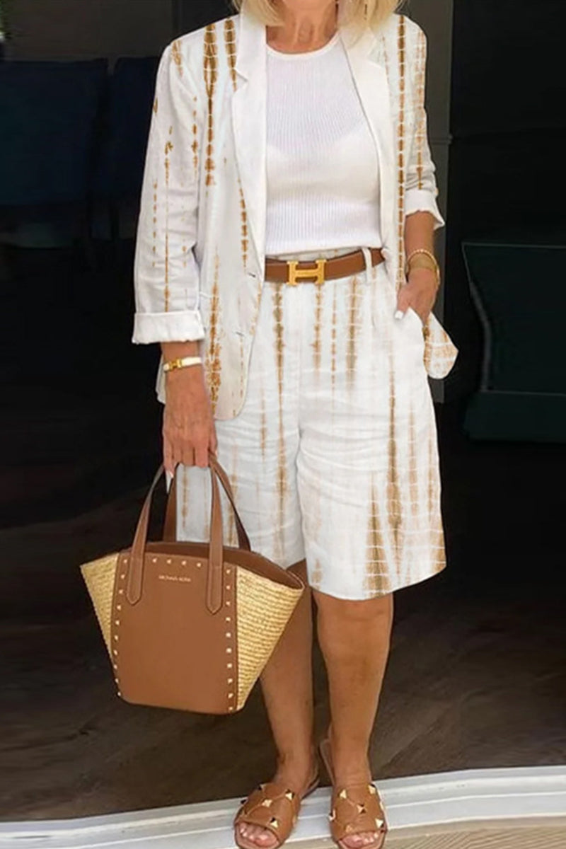 Conjunto de dos piezas informal, elegante, con estampado de patchwork, cuello vuelto y manga larga