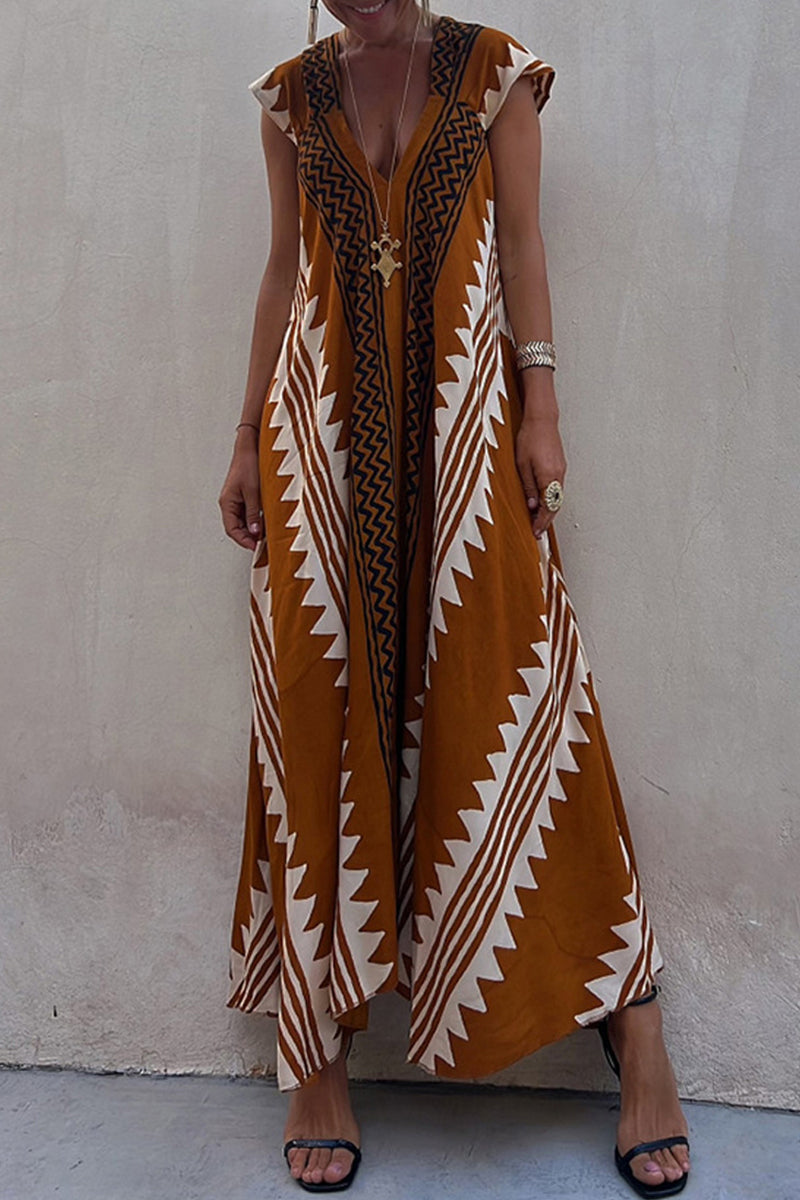 Vestidos casuales universitarios con estampado geométrico, cuello en V y pliegues, corte A