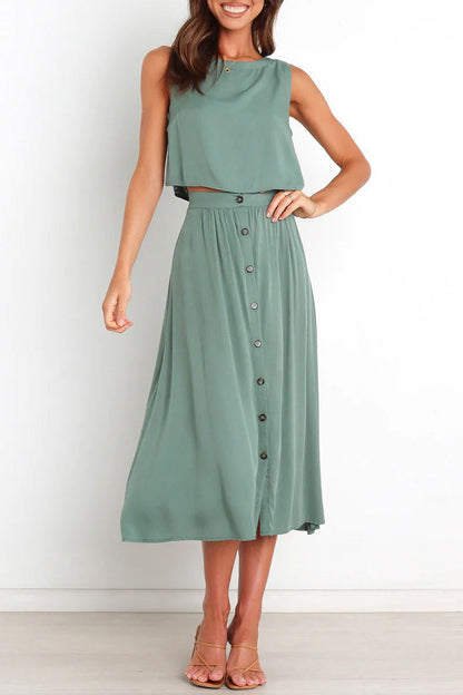 Conjunto informal de dos piezas, liso, cuello redondo, sin mangas, para uso diario