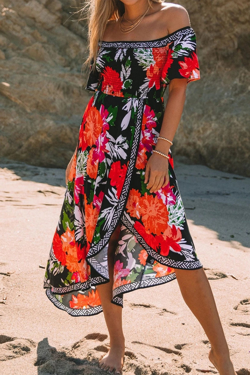 Vestidos irregulares con hombros descubiertos y estampados de patchwork de moda callejera