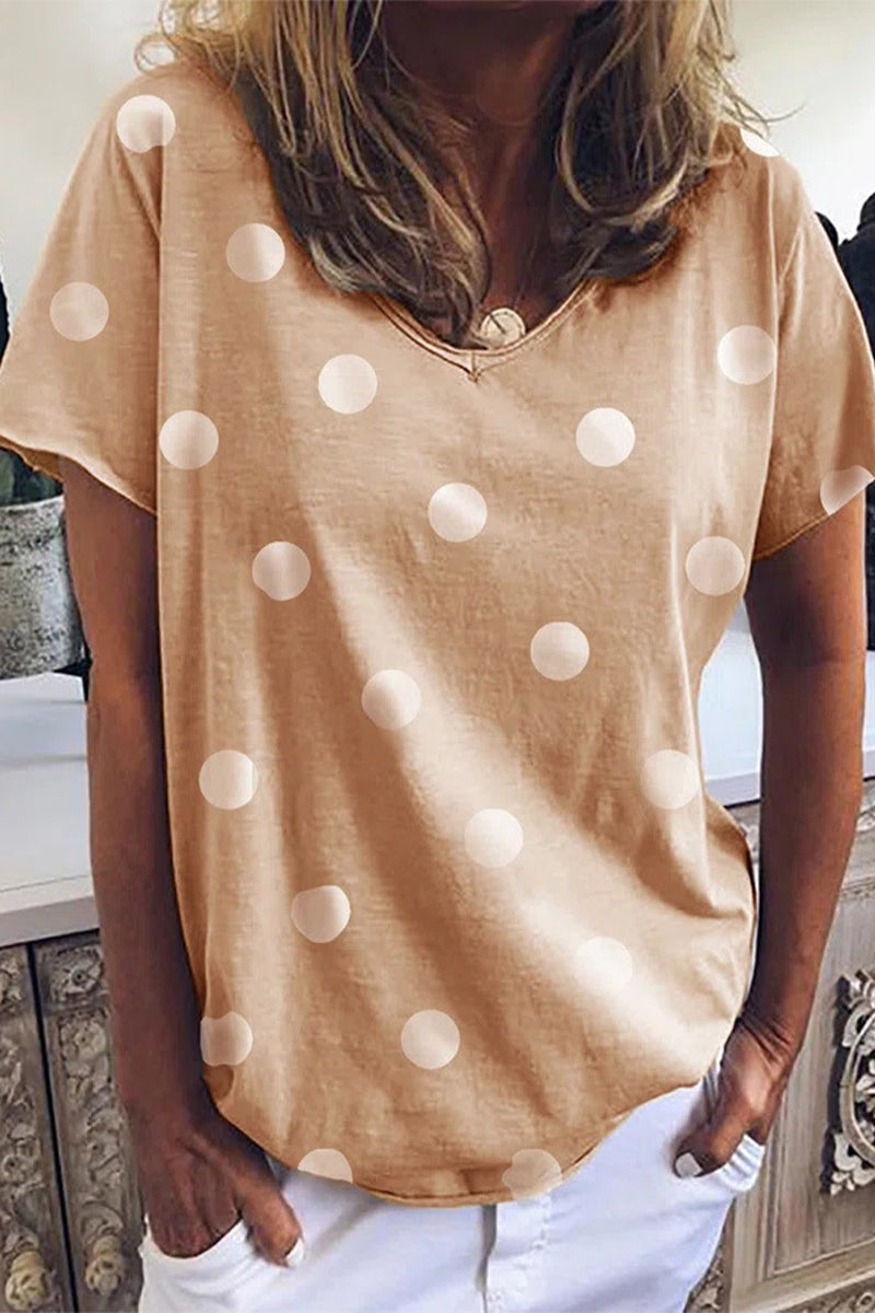 Camisetas universitarias informales con cuello en V y estampado de lunares