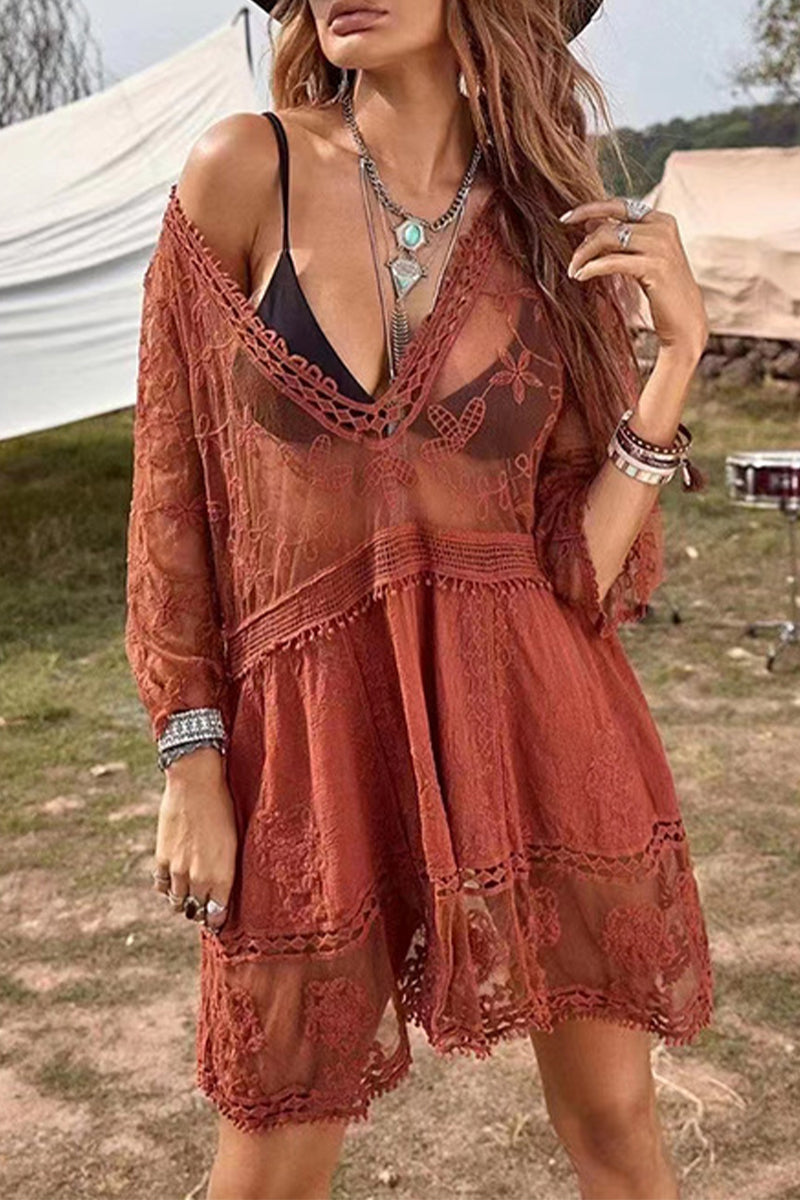 Traje de baño sexy de vacaciones, liso, ahuecado, para cubrirse (6 colores)