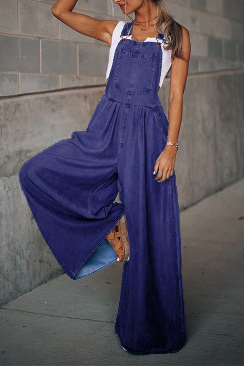 Mono holgado informal de moda con bolsillos sólidos y tirantes finos (3 colores)