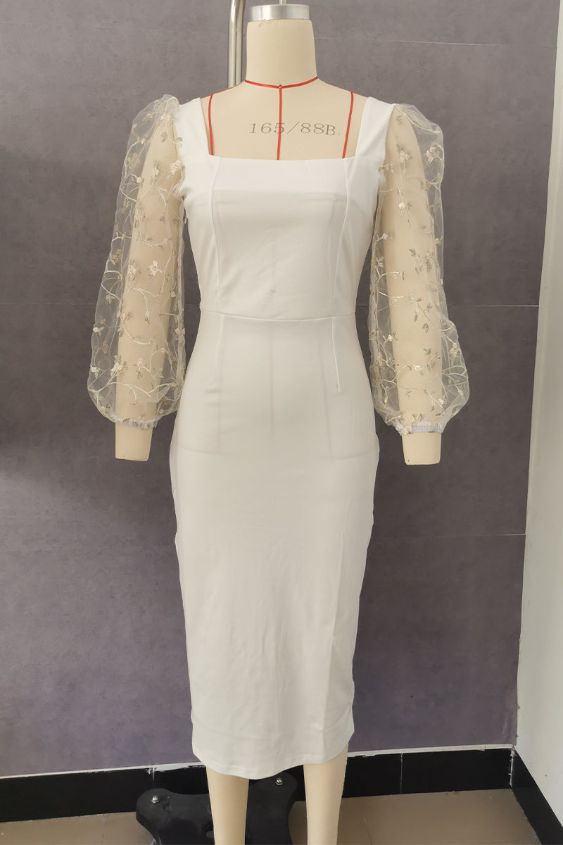 Elegante vestido de falda cruzada con cuello cuadrado y bordado sólido