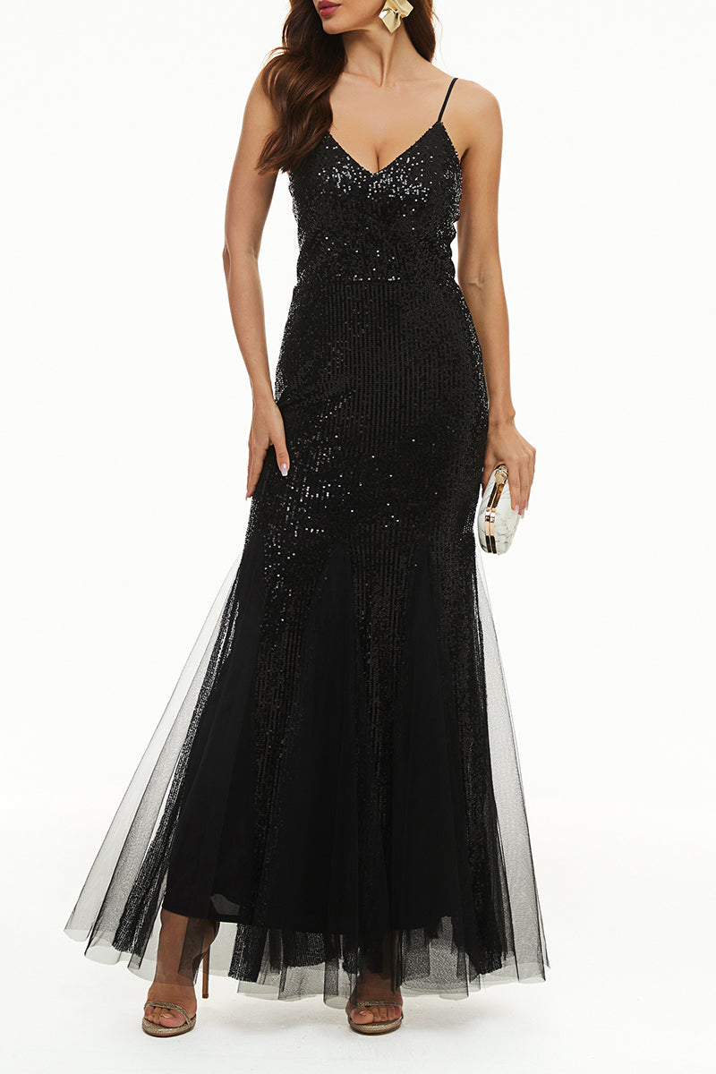 Vestido de noche sexy formal de patchwork liso con cuello en V