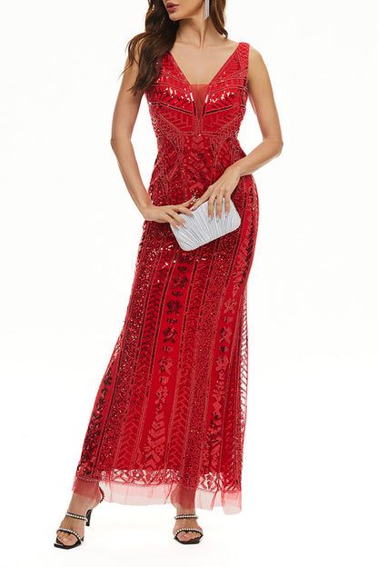 Elegante vestido de noche universitario con cuello en V y lentejuelas de patchwork