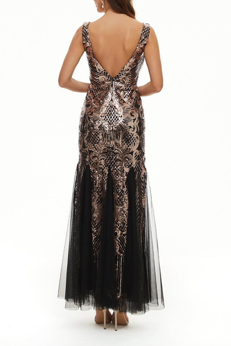 Elegante vestido de noche universitario con cuello en V y lentejuelas de patchwork (4 colores)