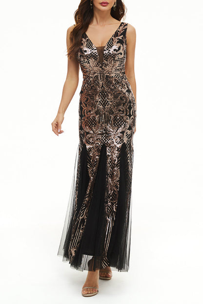 Elegante vestido de noche universitario con cuello en V y lentejuelas de patchwork (4 colores)