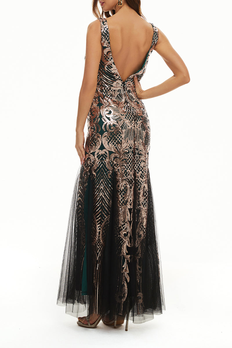 Elegante vestido de noche universitario con cuello en V y lentejuelas de patchwork (4 colores)