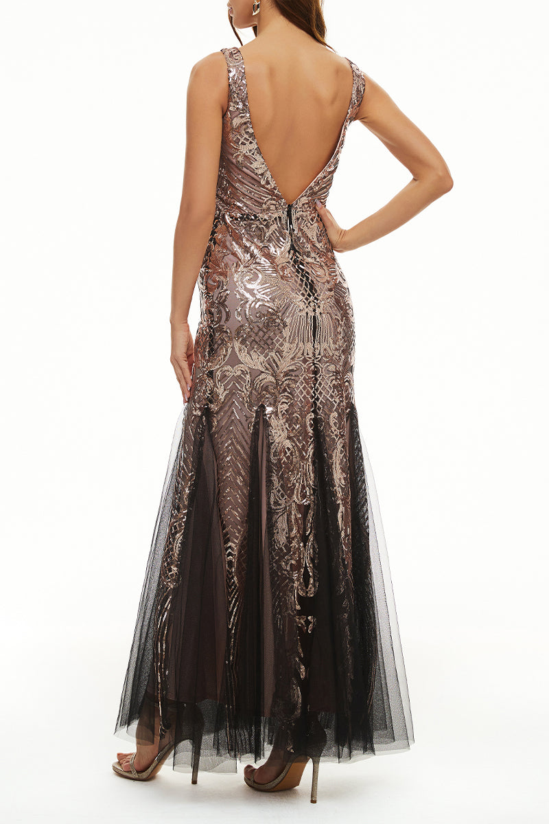 Elegante vestido de noche universitario con cuello en V y lentejuelas de patchwork (4 colores)