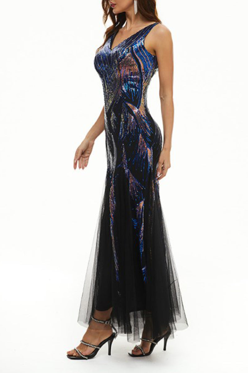 Vestidos de noche elegantes con cuello en V y patchwork de bloques de color de celebridades