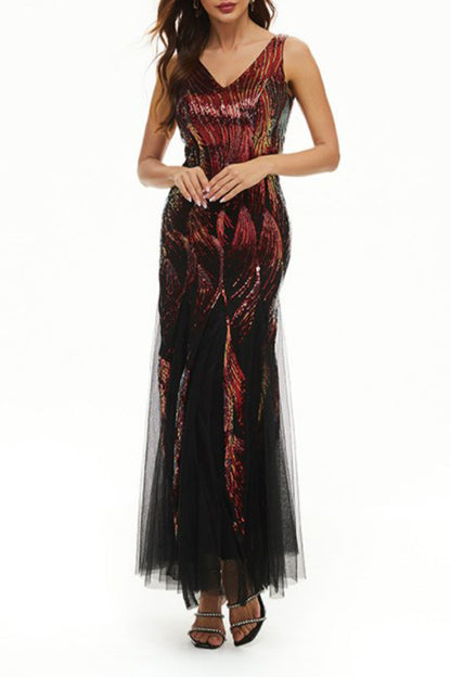 Vestidos de noche elegantes con cuello en V y patchwork de bloques de color de celebridades