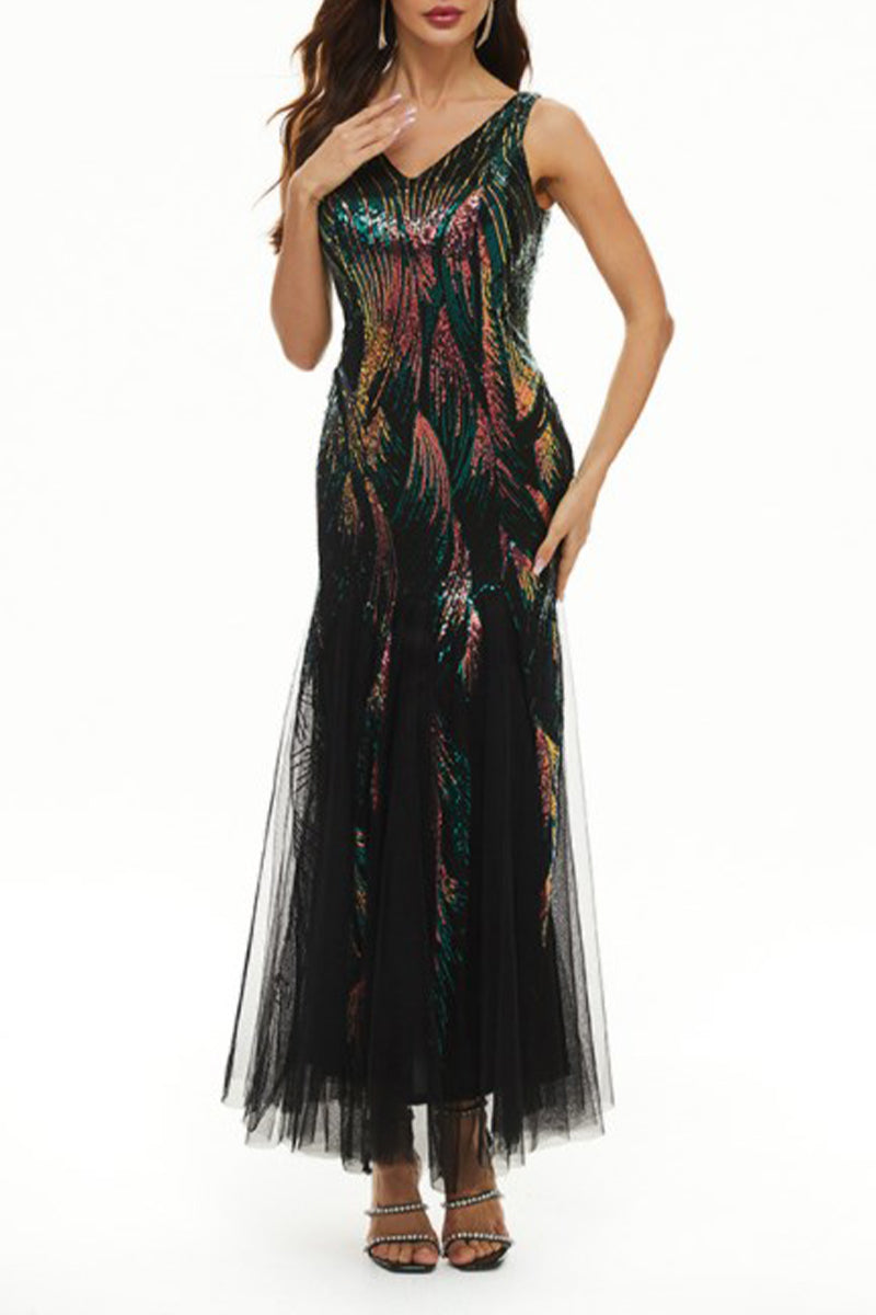 Vestidos de noche elegantes con cuello en V y patchwork de bloques de color de celebridades