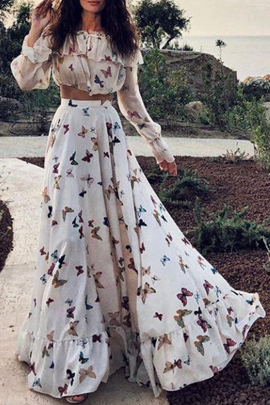 Conjunto de dos piezas de manga larga con hombros descubiertos y diseño de mariposas de vacaciones sexy
