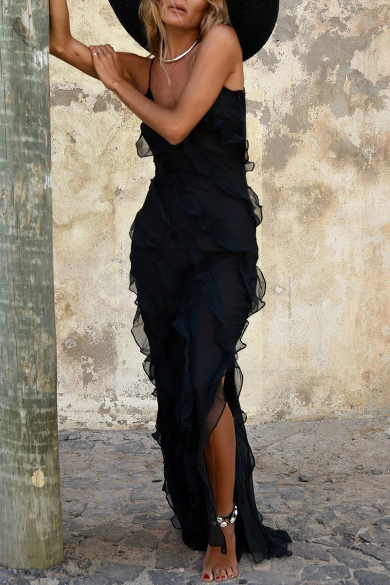 Vestidos de celebridades sexys con escote en V, abertura y volantes lisos