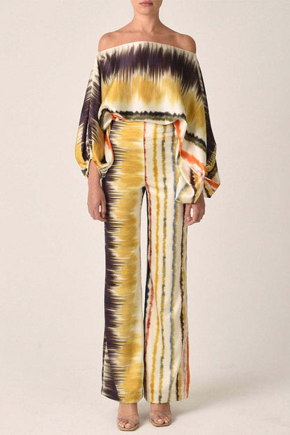 Conjunto informal elegante con estampado de patchwork y hombros descubiertos, manga larga, dos piezas (11 colores)