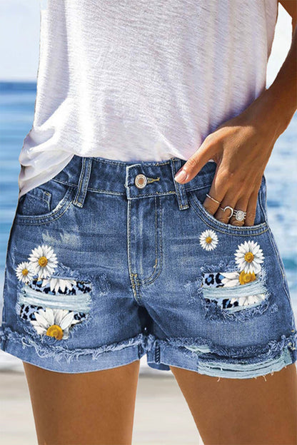 Shorts vaqueros holgados informales con parches florales de calle