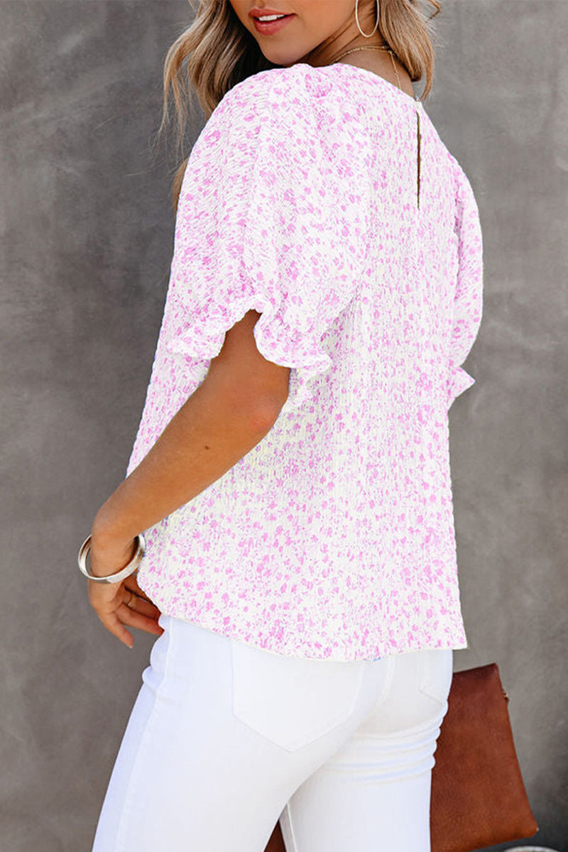 Camisetas elegantes y dulces con cuello redondo y estampado floral