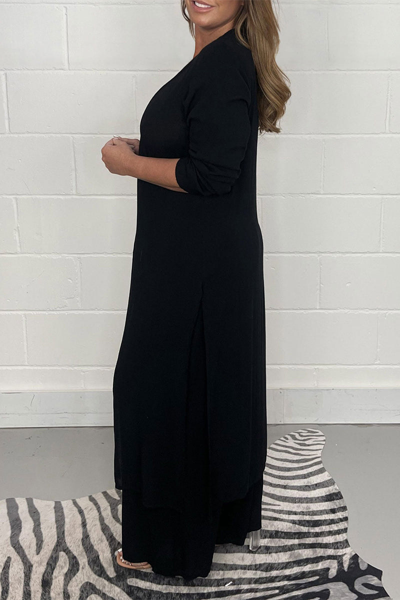 Conjunto informal sencillo de dos piezas con escote en V, manga larga y abertura lisa (6 colores)