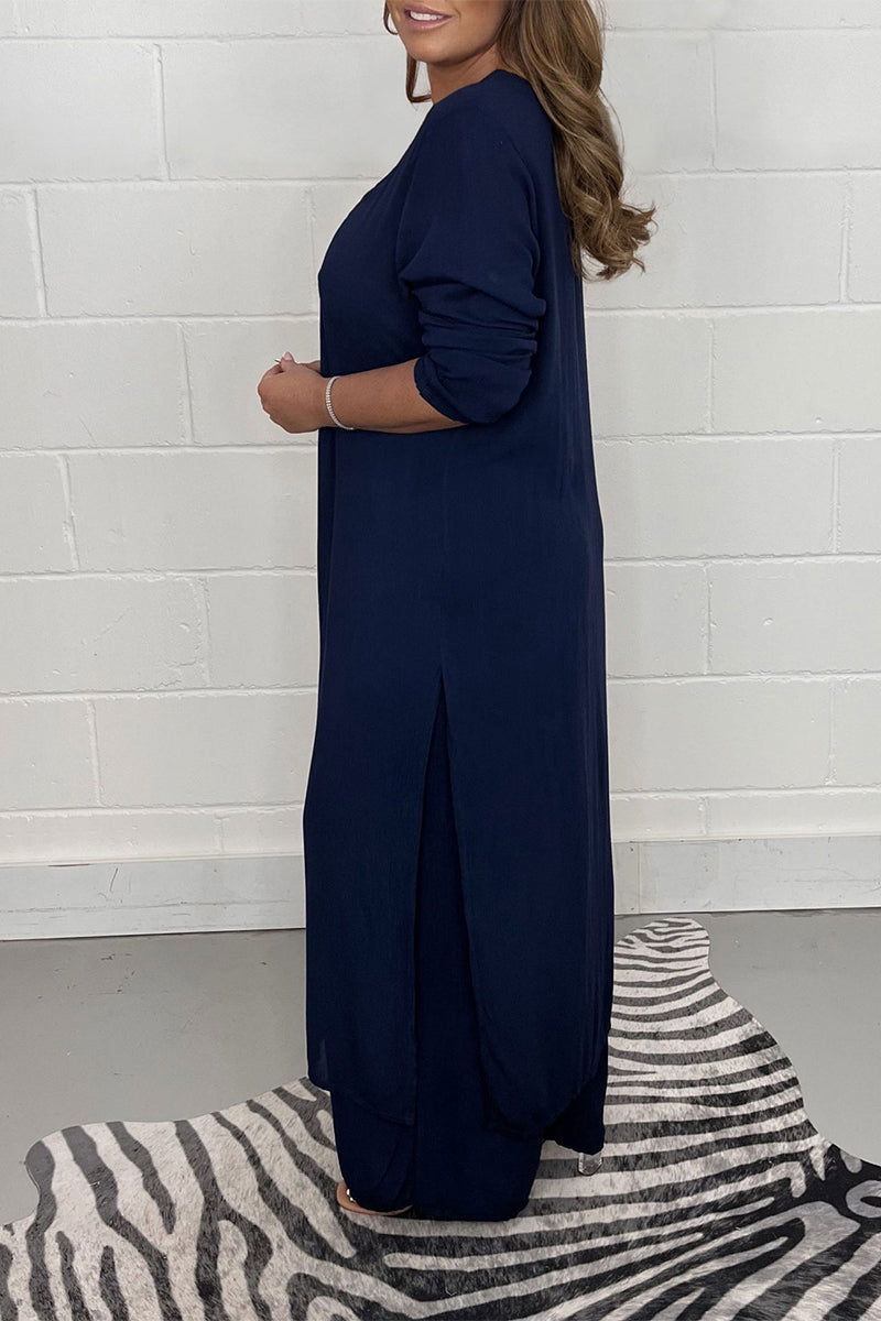 Conjunto informal sencillo de dos piezas con escote en V, manga larga y abertura lisa (6 colores)