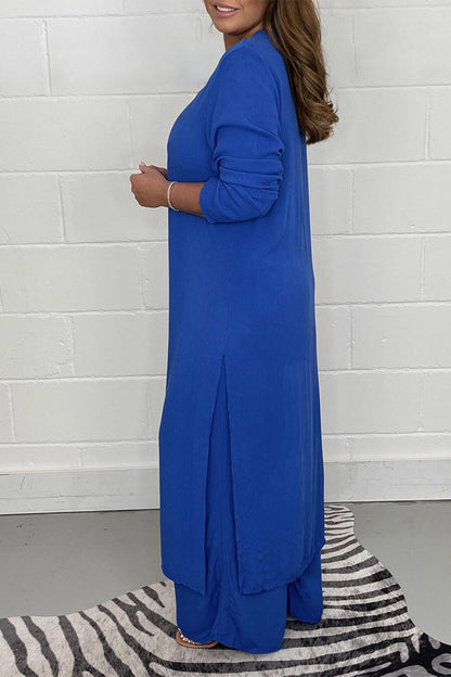 Conjunto informal sencillo de dos piezas con escote en V, manga larga y abertura lisa (6 colores)